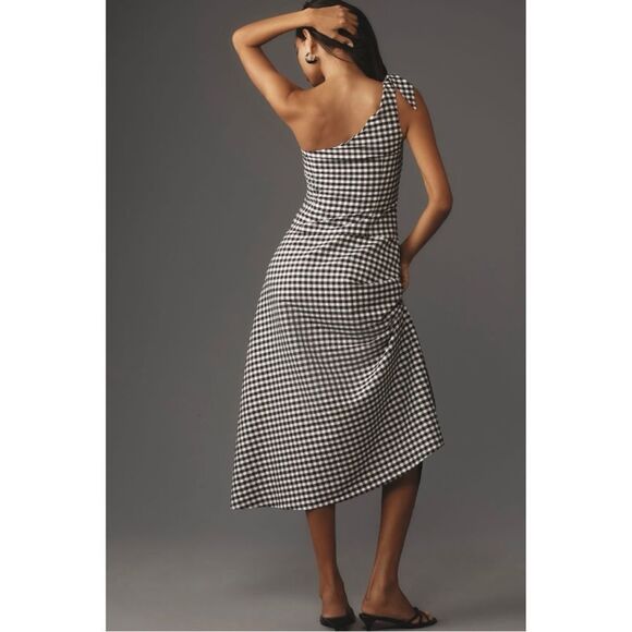 NEW By Anthropologie Black & White One-Shoulder Drop Waist Gingham Dress Small - Picture 2 of 7